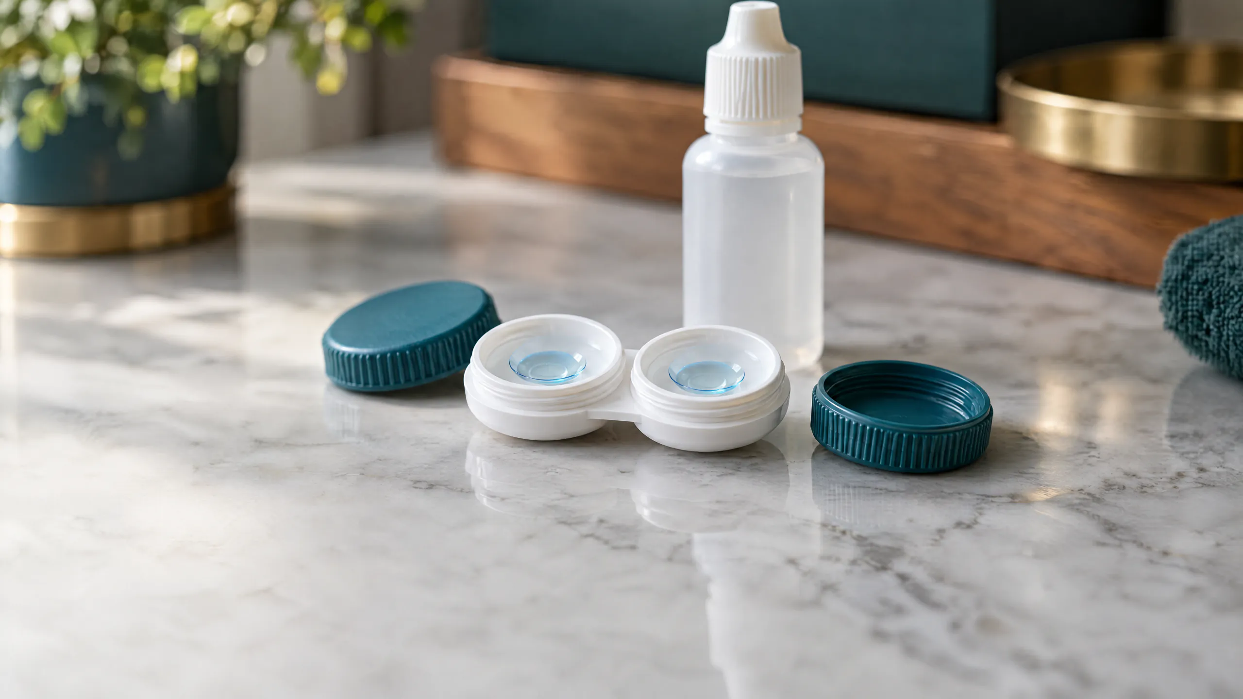 Two small light-blue rigid contact lenses in an open white lens case between its teal caps, on marble with a dropper bottle behind