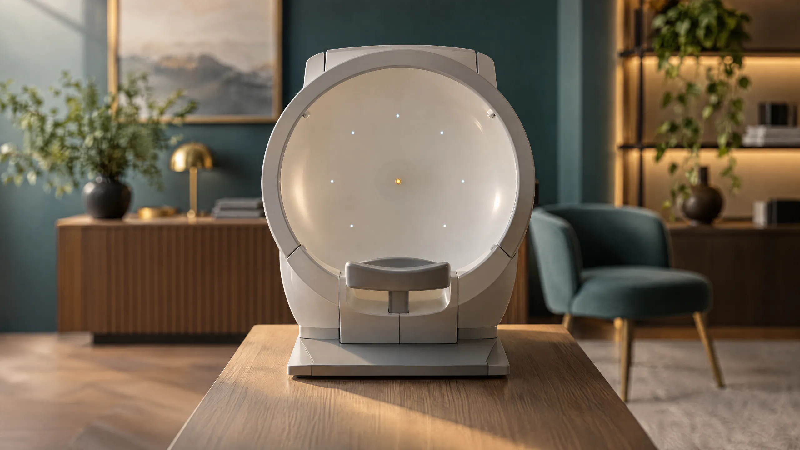 A white visual field testing machine with small lights inside its bowl and a gray chin rest, on a wooden table in a teal room