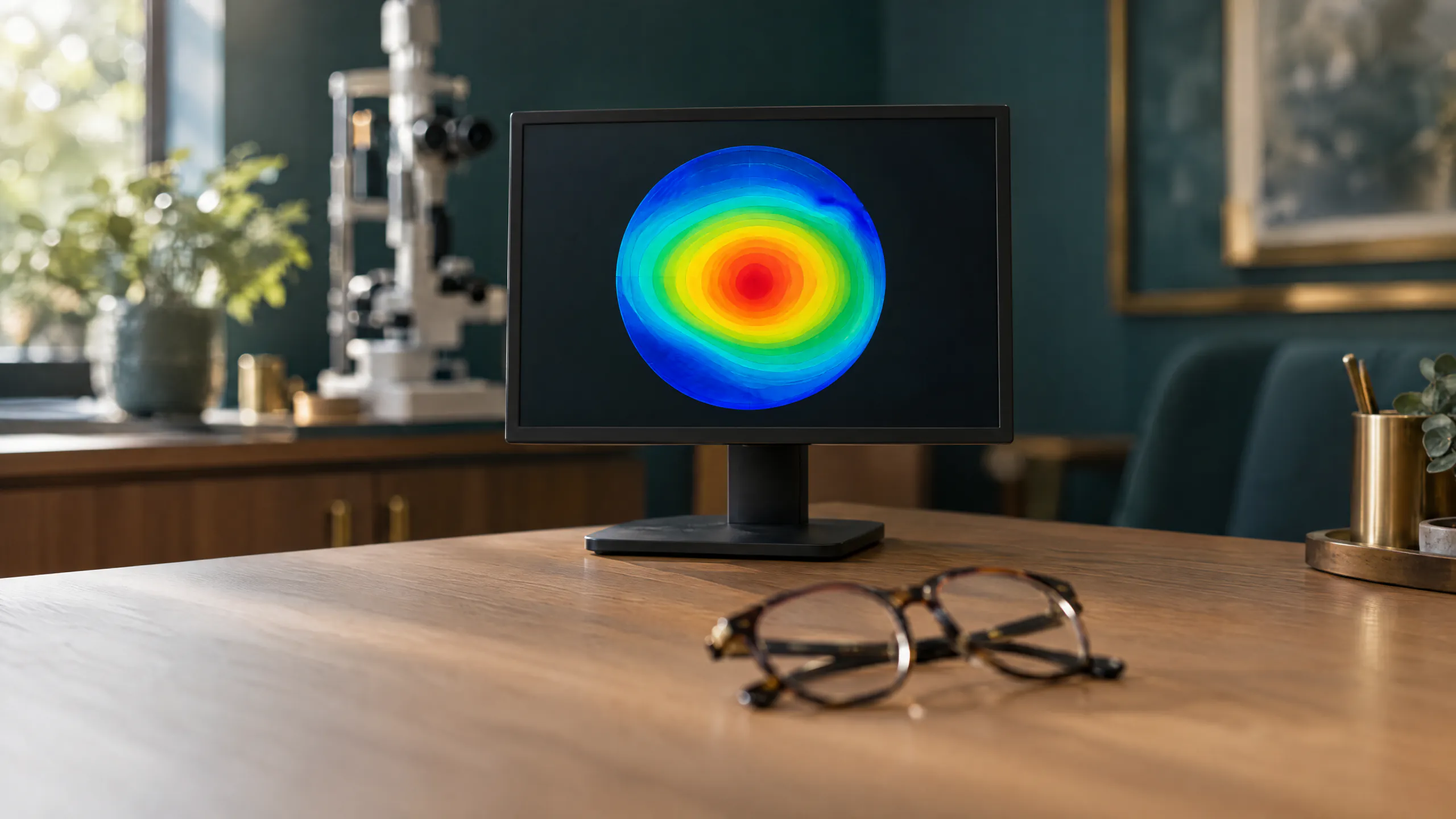 A monitor on a wooden desk showing a colorful corneal topography map, with a slit lamp blurred behind and tortoiseshell glasses in front