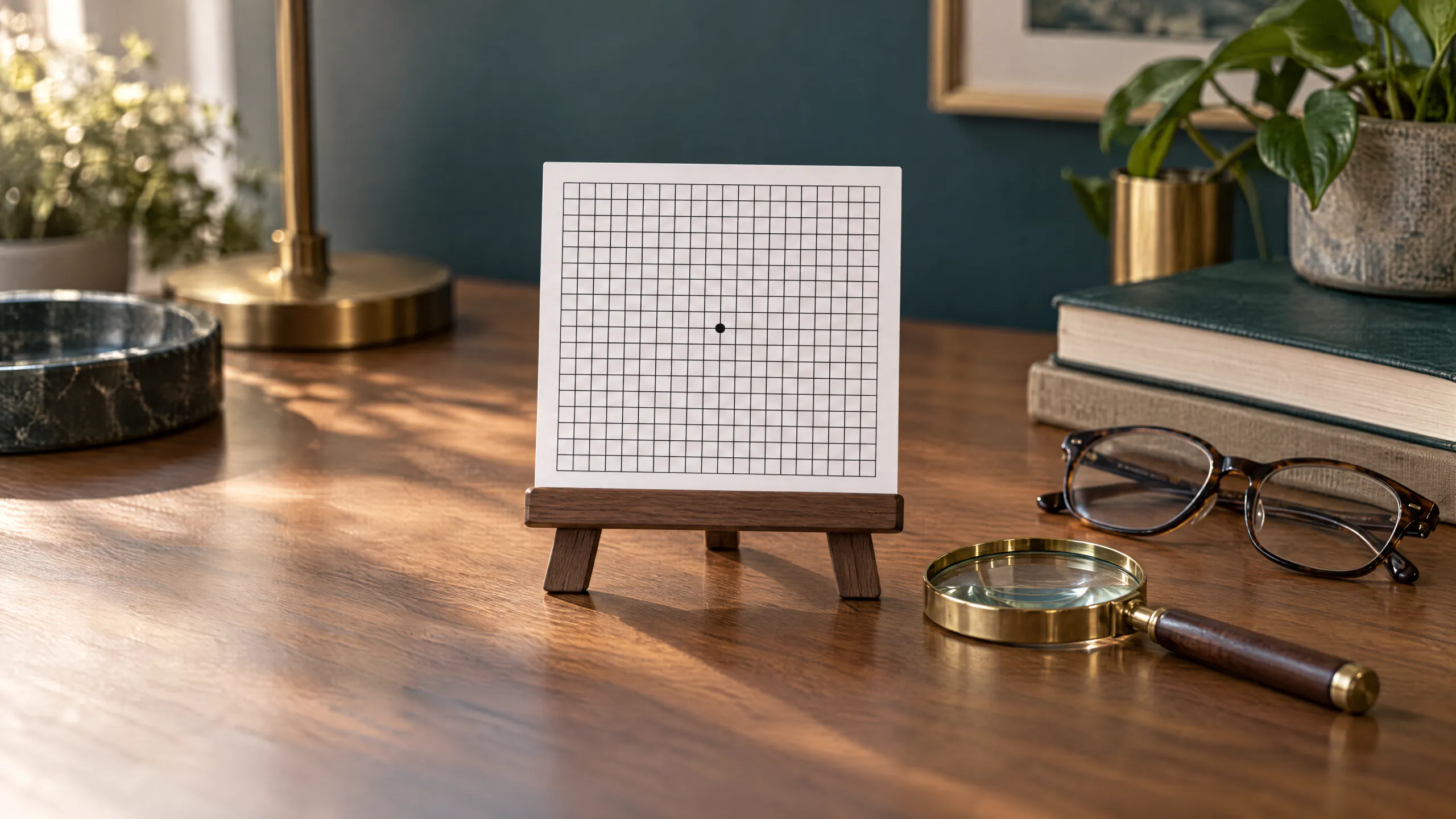 A white Amsler grid card with a central dot on a small walnut easel, beside a brass magnifying glass and tortoiseshell glasses