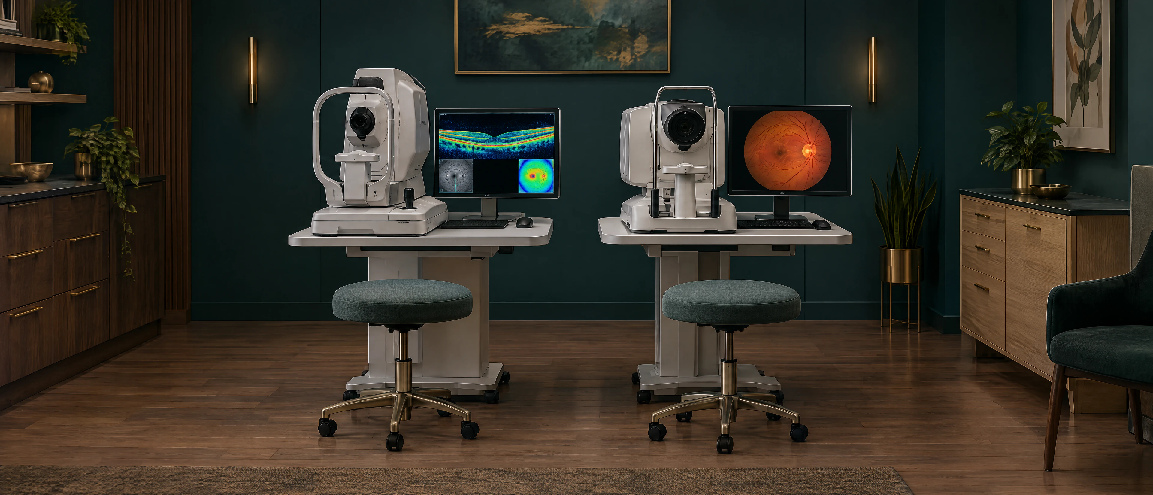 A diagnostic imaging room: an OCT scanner and a retinal camera side by side, their monitors showing a cross-section scan and a color photograph of the retina, with two stools