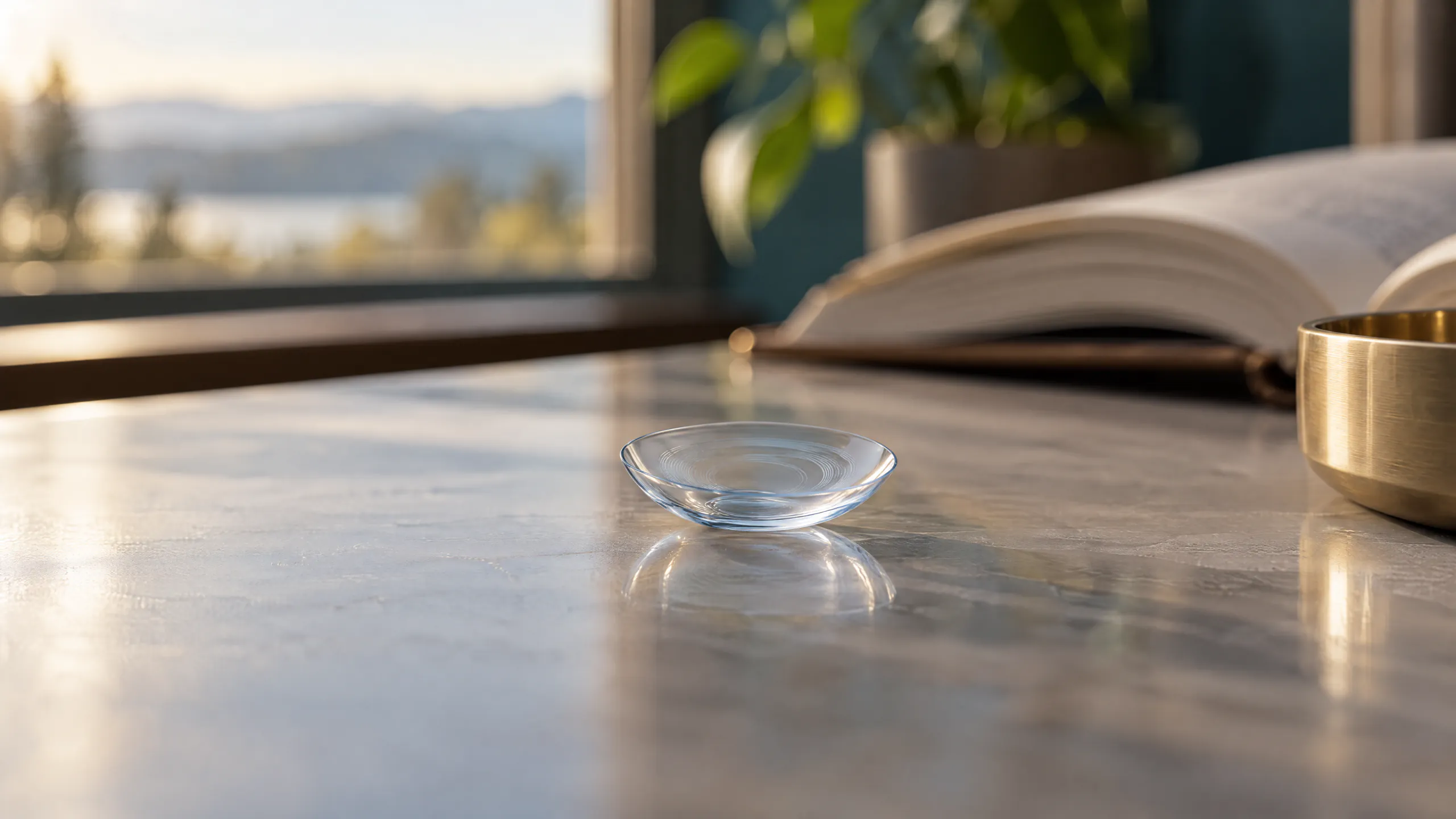 A clear contact lens with faint concentric rings on gray marble beside a small brass bowl, with an open book and a window looking out on a lake and hills behind