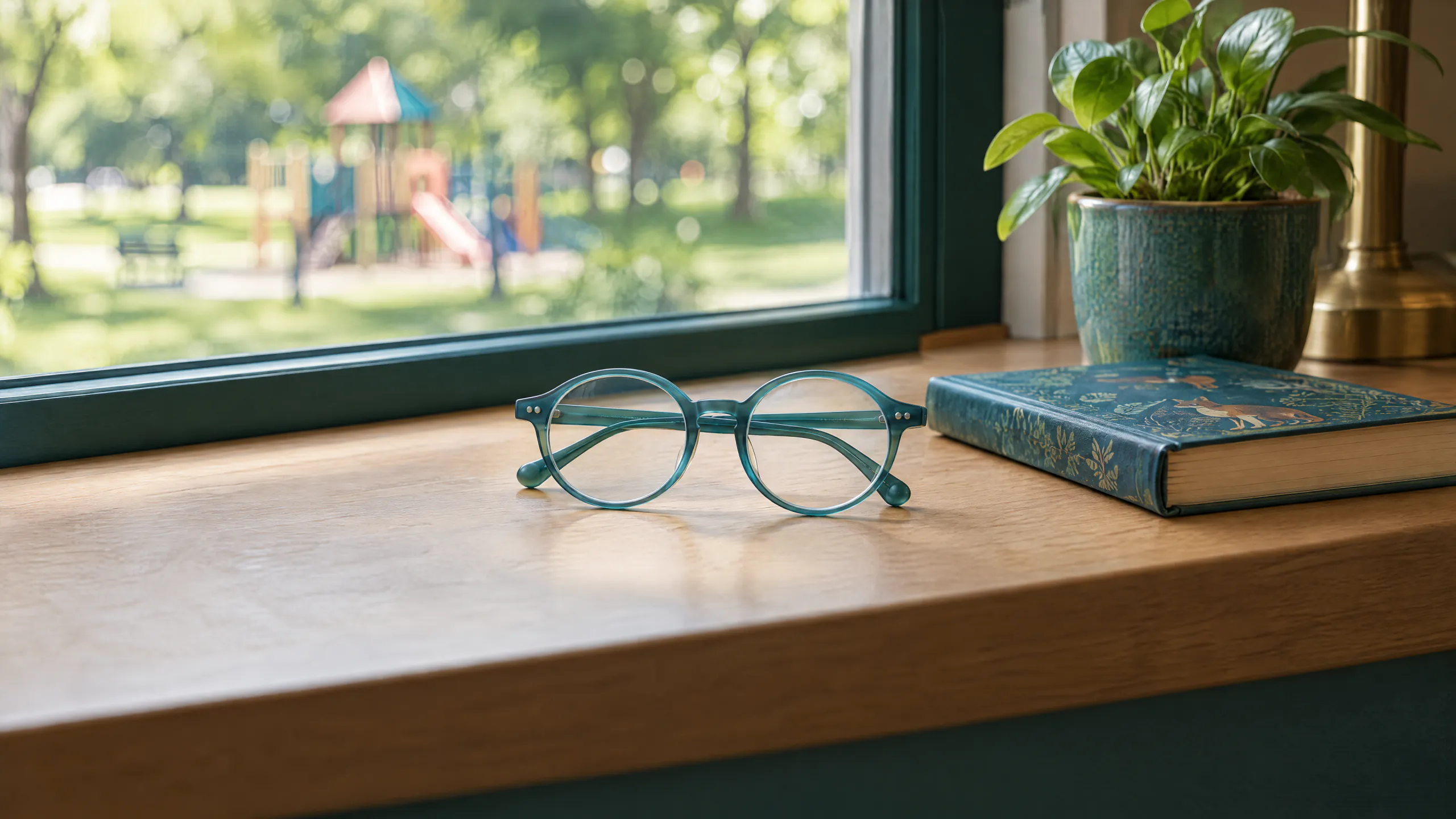 Small round teal children's glasses on a sunlit oak windowsill beside an illustrated book and a potted plant, with a playground outside