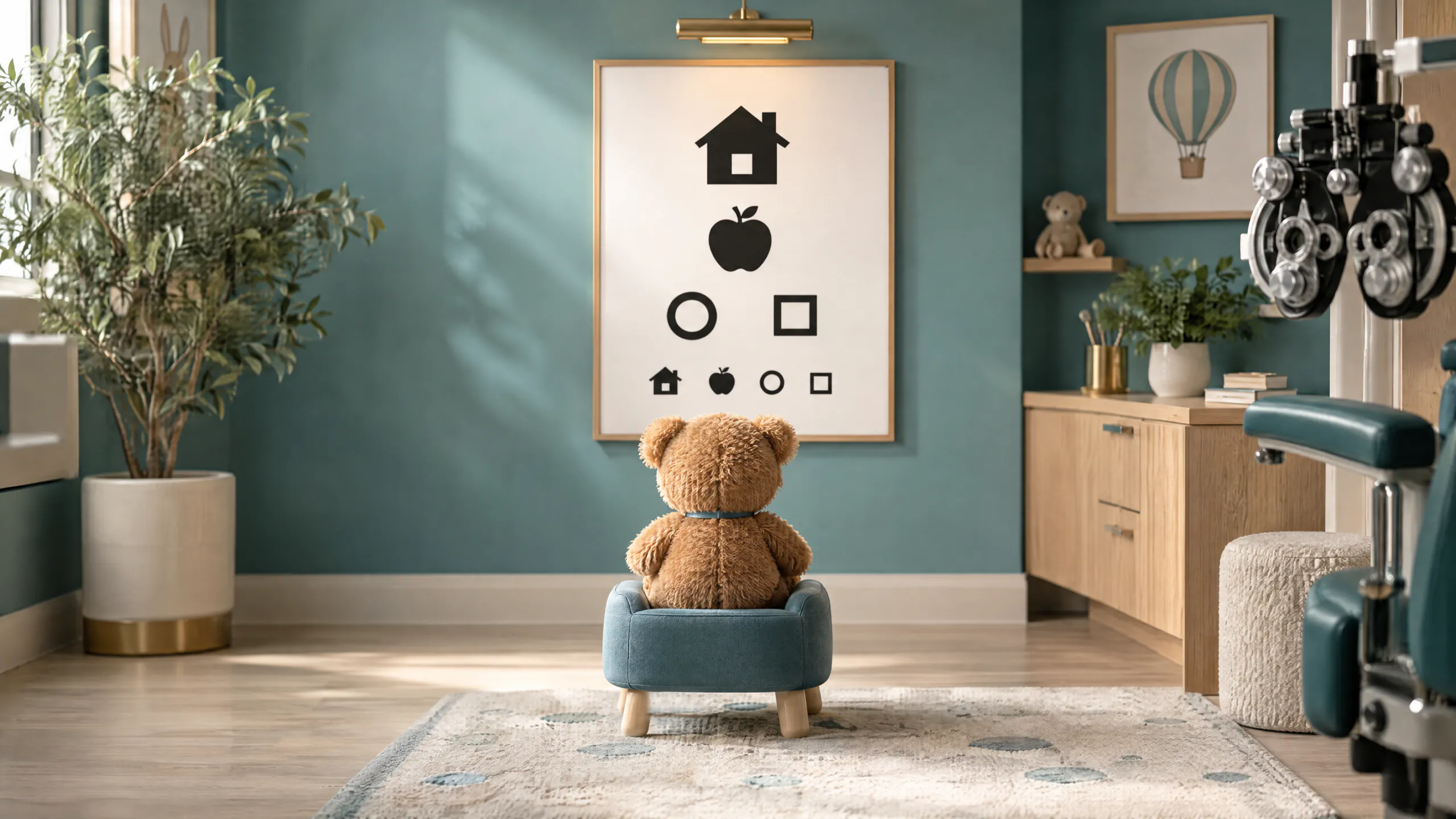 A teddy bear, seen from behind, in a small teal chair facing a framed eye chart of house, apple, circle and square symbols