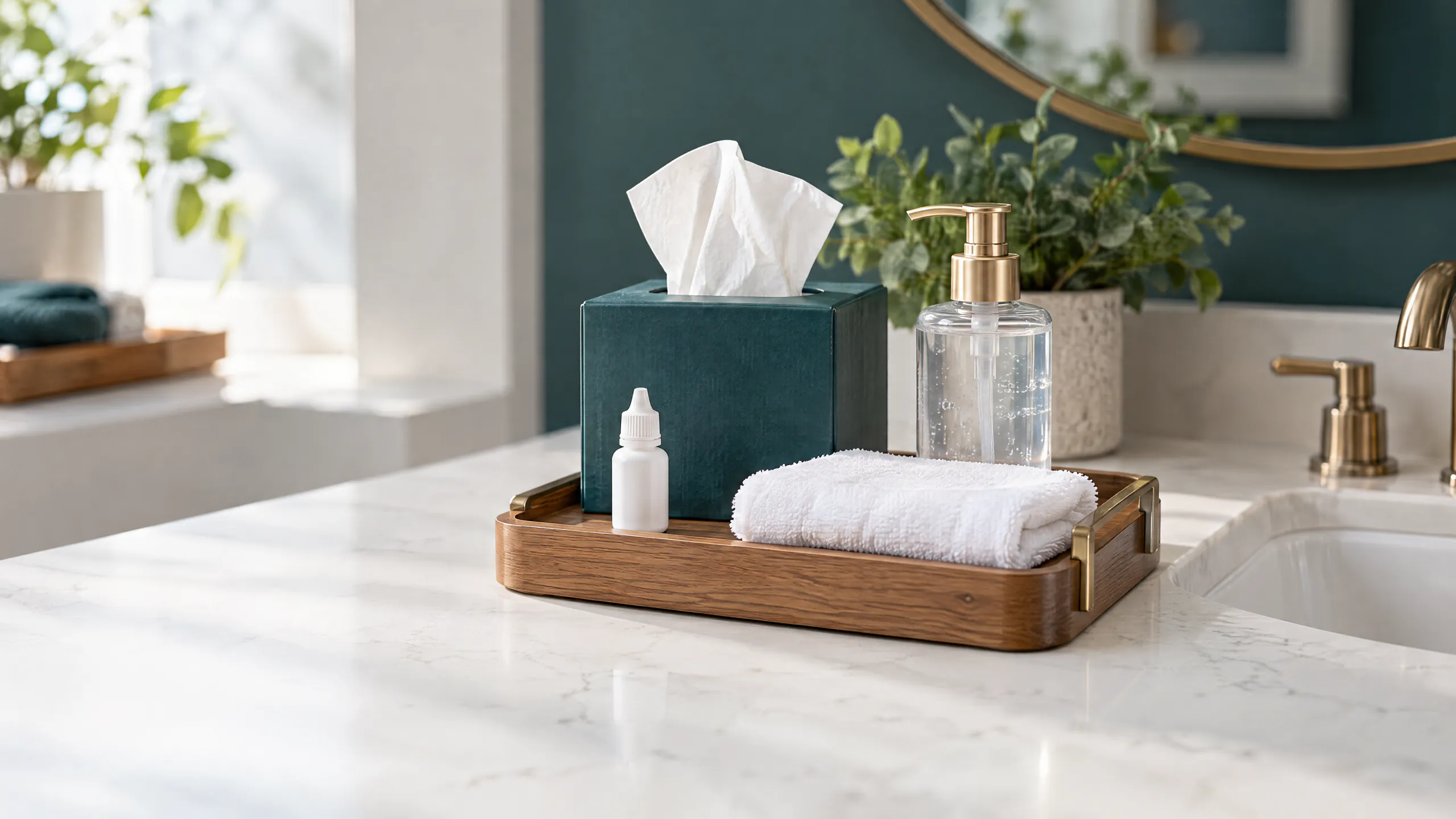 A wooden tray with brass handles on a white marble counter, holding a teal tissue box, a white dropper bottle, a folded washcloth and a pump bottle
