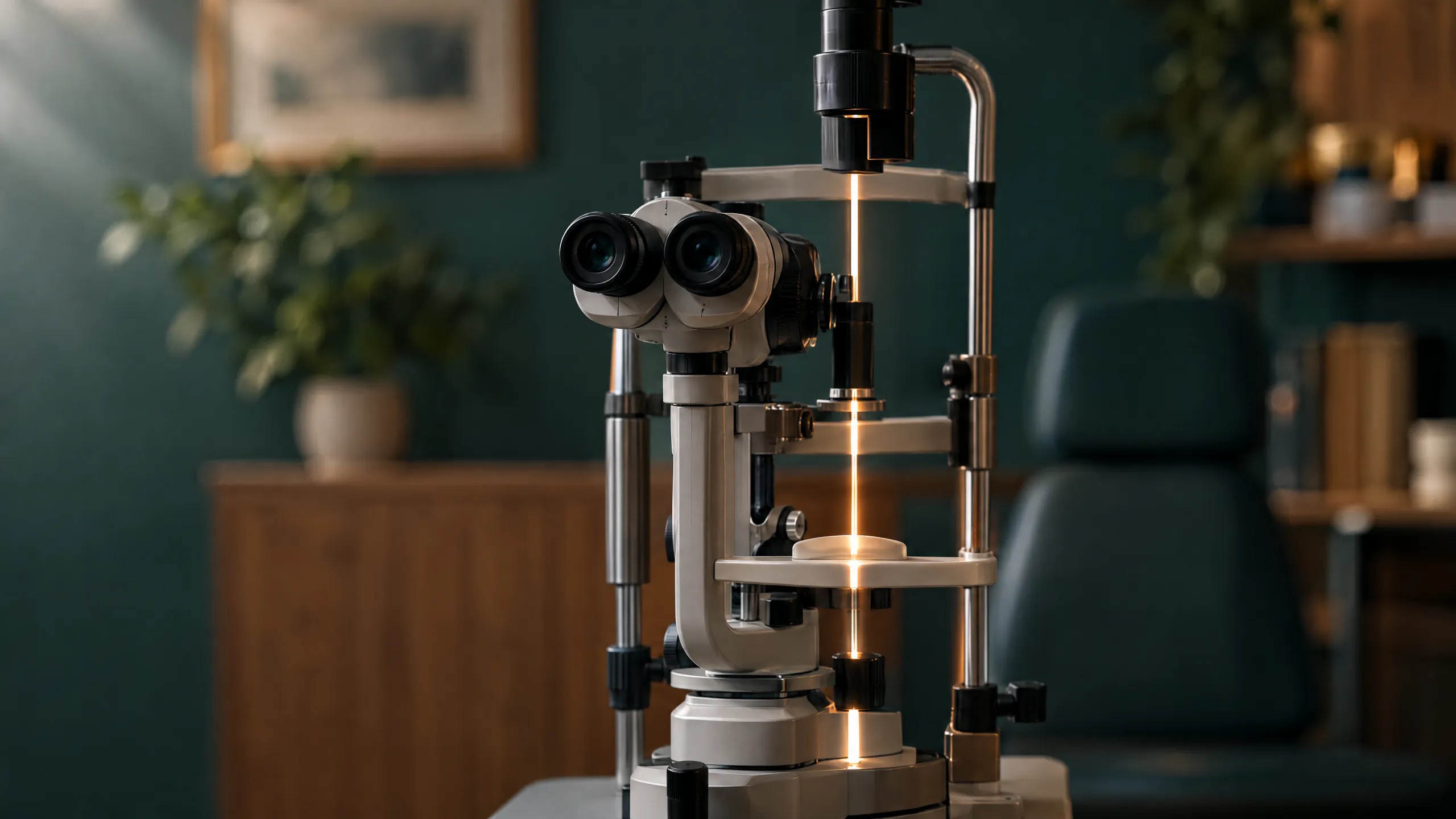 A slit lamp microscope with binocular eyepieces shining a thin vertical beam of warm light, in a dim exam room with teal walls