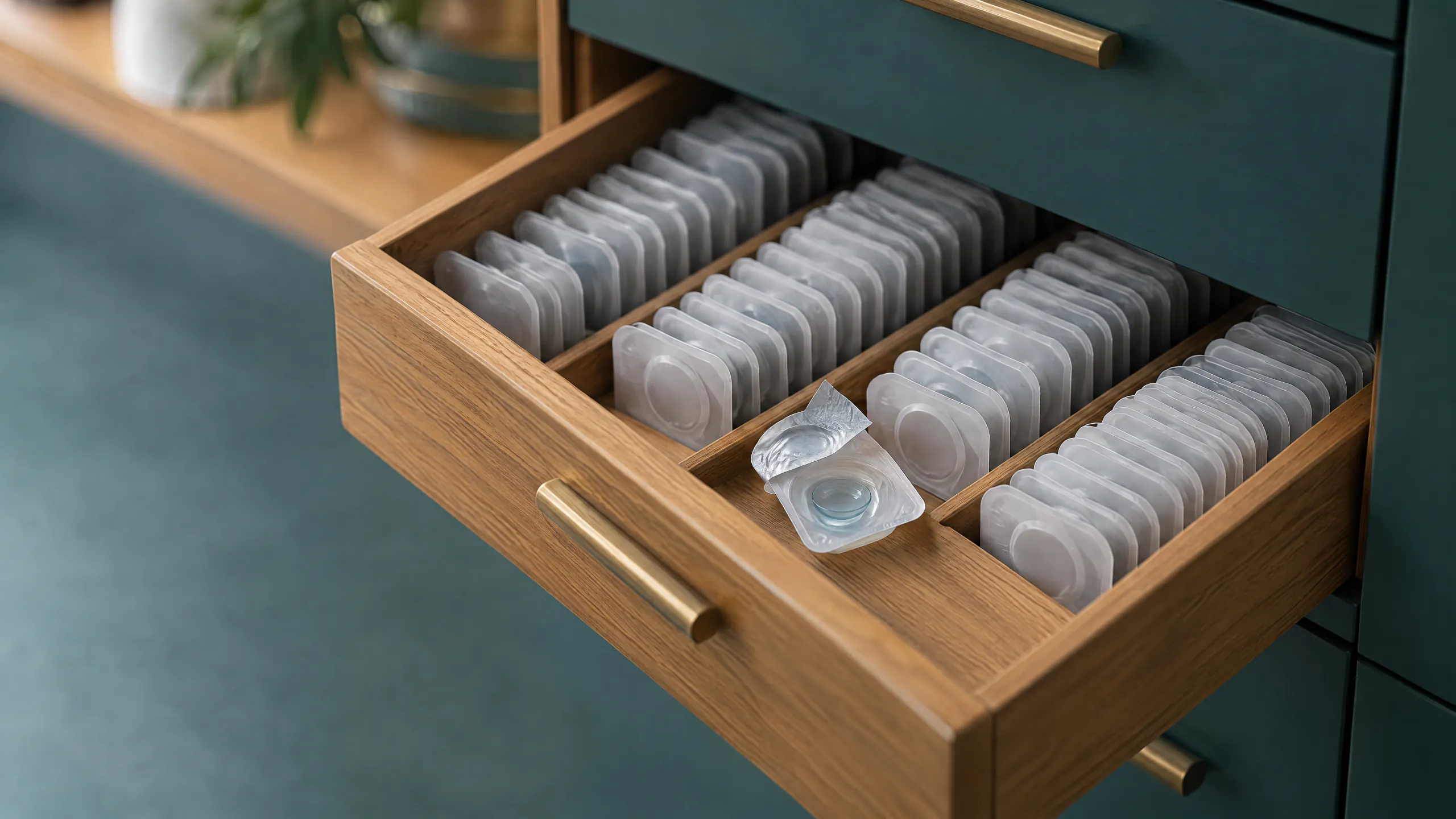 An open wooden drawer in a teal cabinet holding rows of contact lens blister packs, one peeled open to show its lens