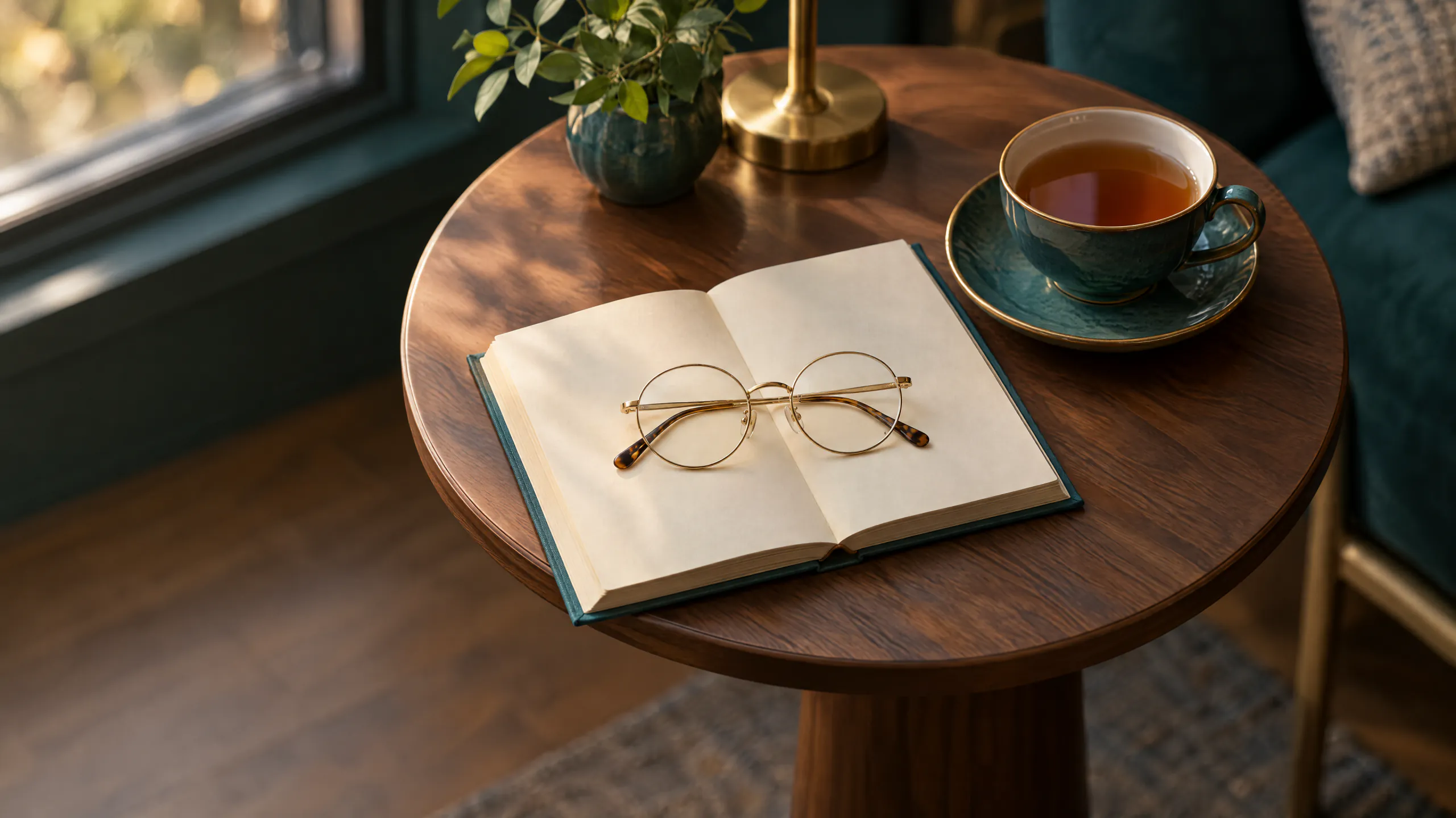 Round gold reading glasses folded on an open book beside a teal cup and saucer, on a round walnut side table in warm sunlight
