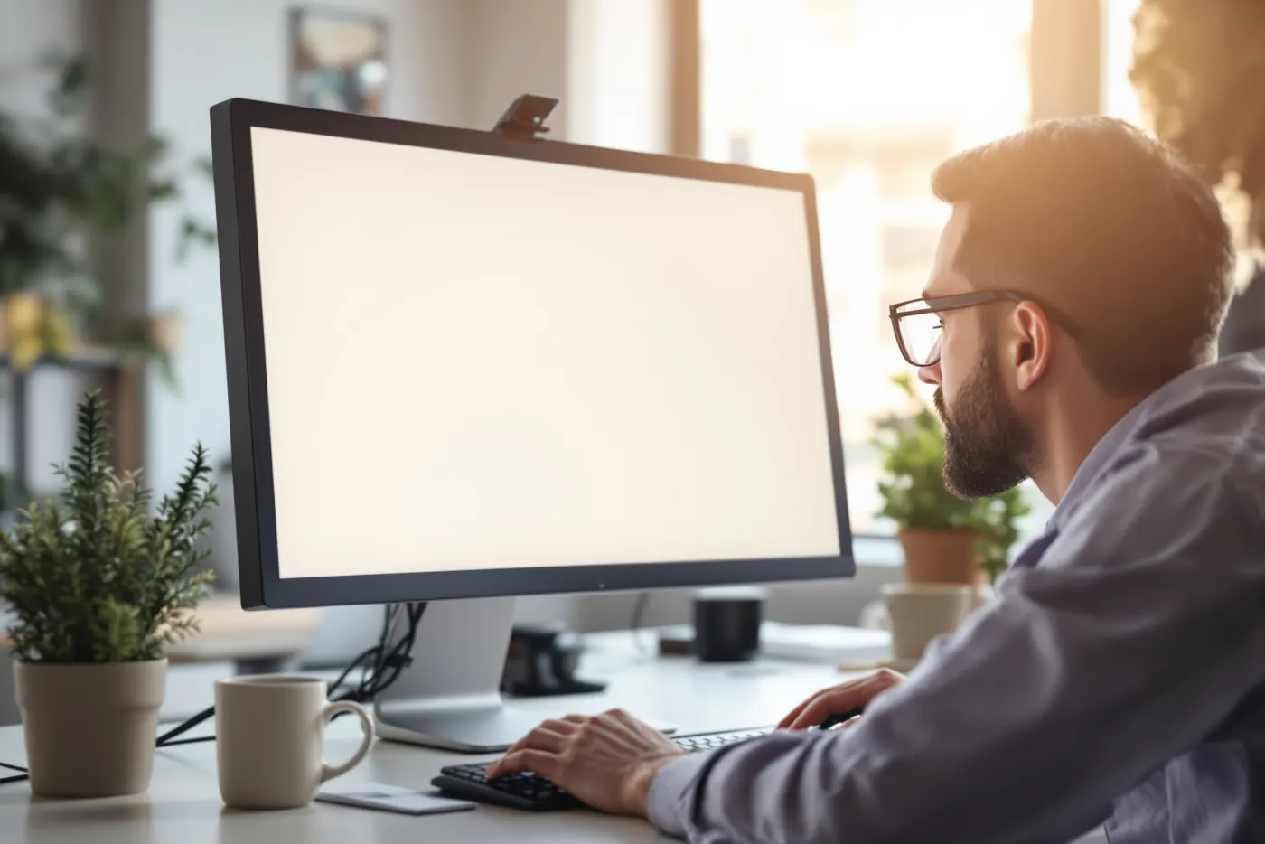 Person wearing eyeglasses at a computer