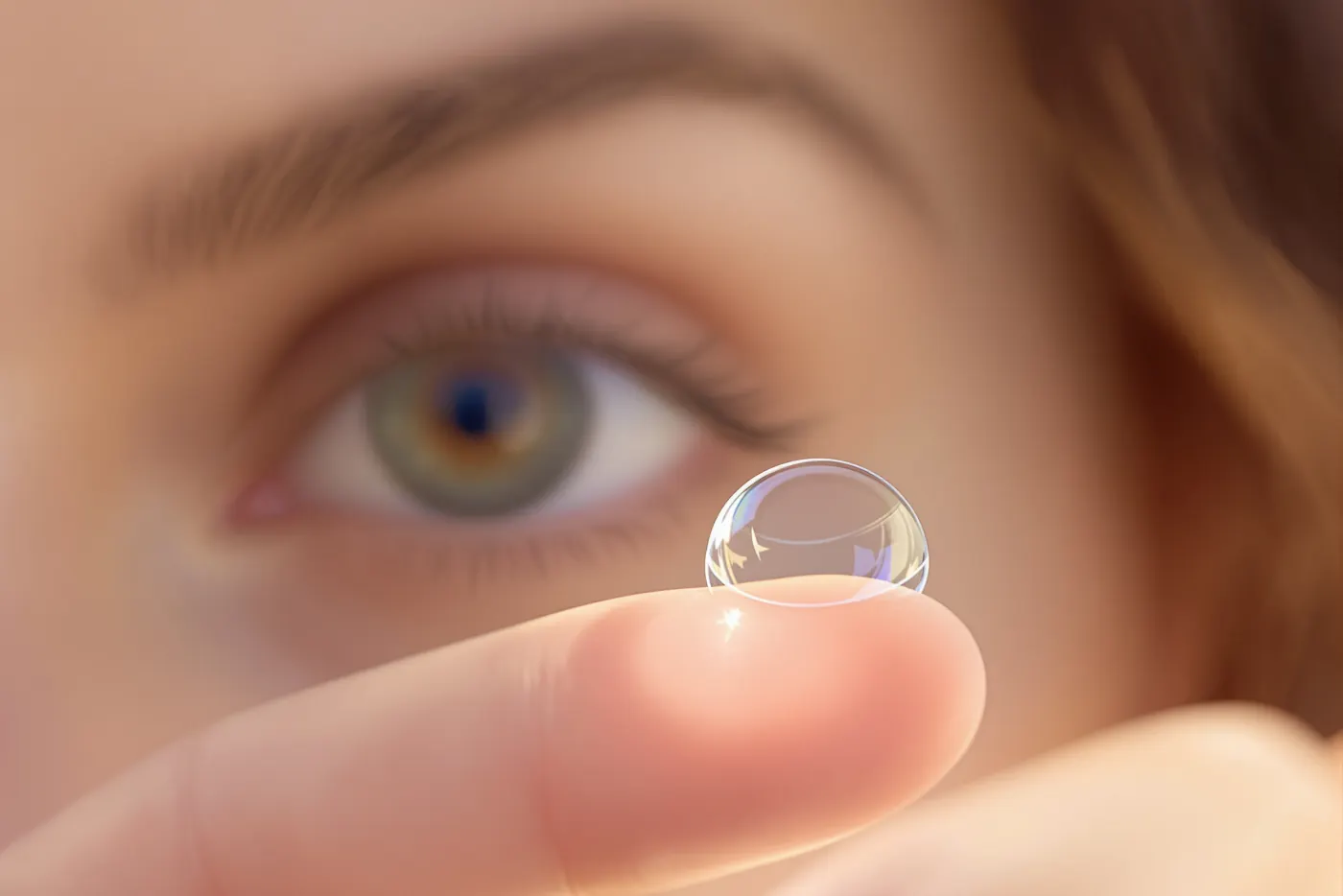 Contact lens on a fingertip near an eye