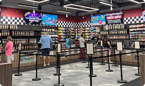 Inside a High Society store: shoppers at the counters, product shelves behind them