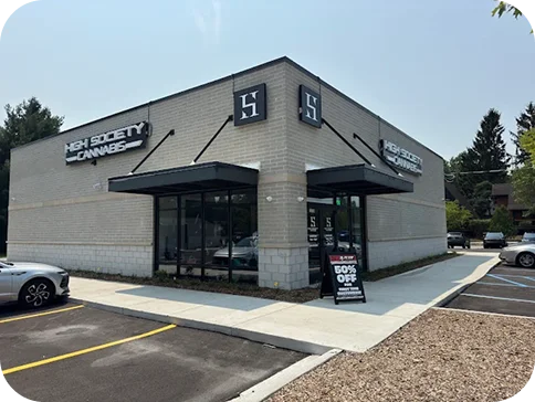 High Society Cannabis storefront on the corner of its parking lot