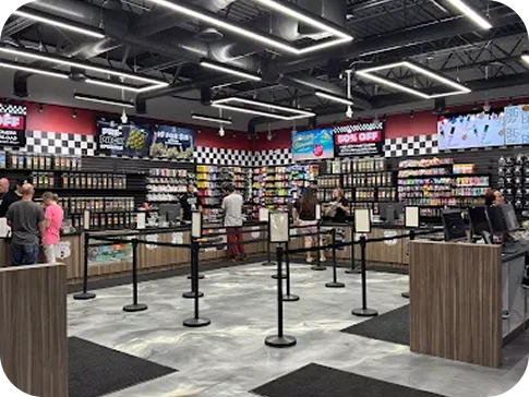 The High Society sales floor, with checkered trim above the product shelves