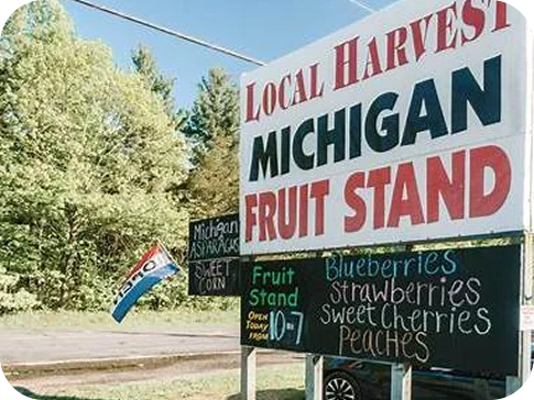 A roadside Michigan fruit stand sign listing blueberries, strawberries, sweet cherries and peaches