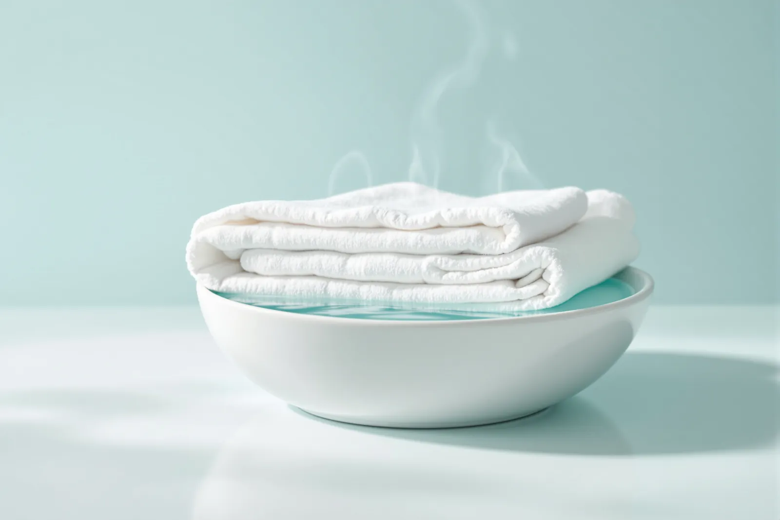 A folded white cloth in a bowl of warm water with wisps of steam