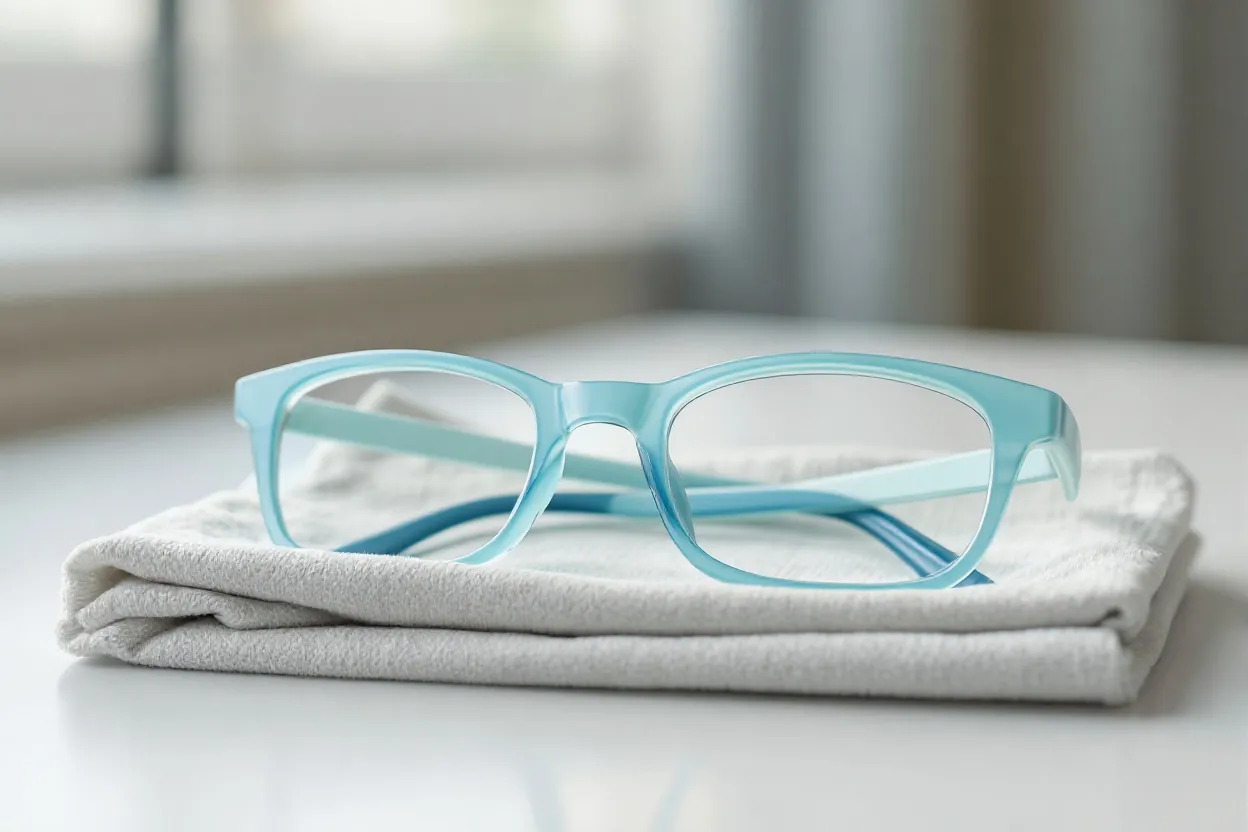 Teal eyeglasses resting on a folded cloth on a white table