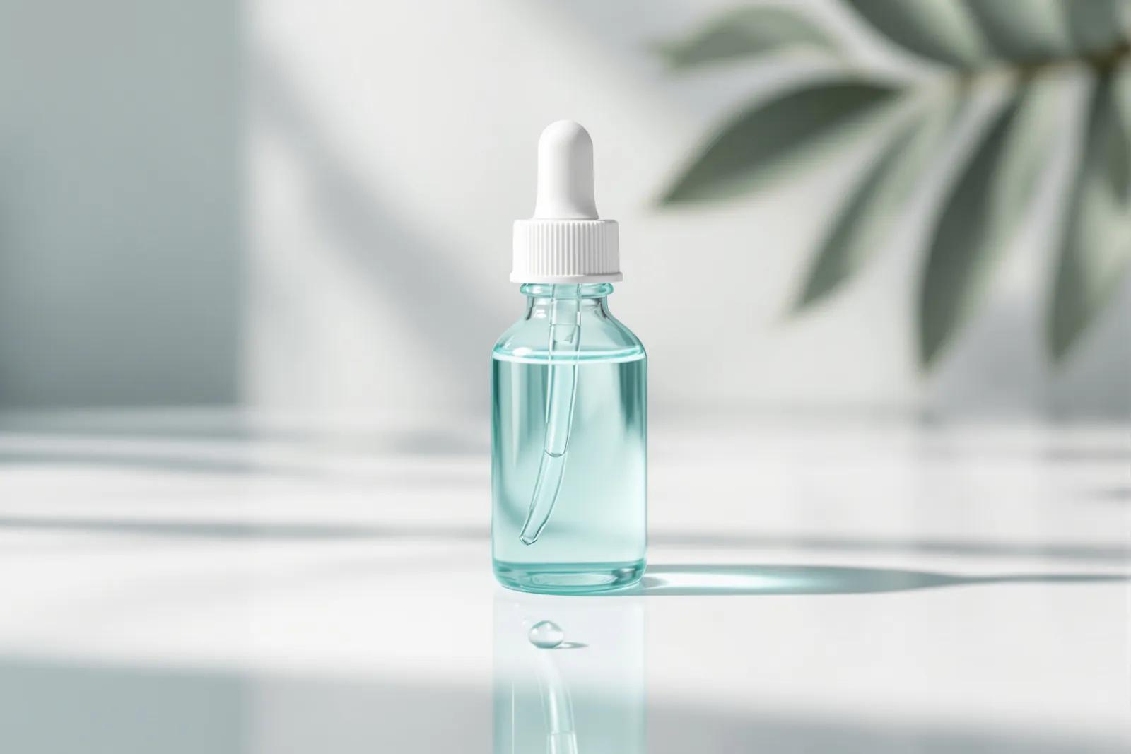 An unlabelled aqua glass dropper bottle with a drop beside it