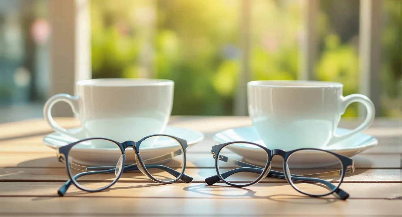 Two pairs of reading glasses and two coffee cups on a sunny porch table