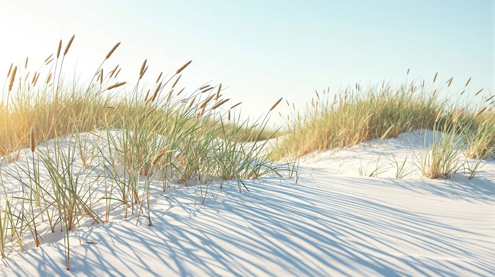Sea oats on a sunlit dune under a clear morning sky