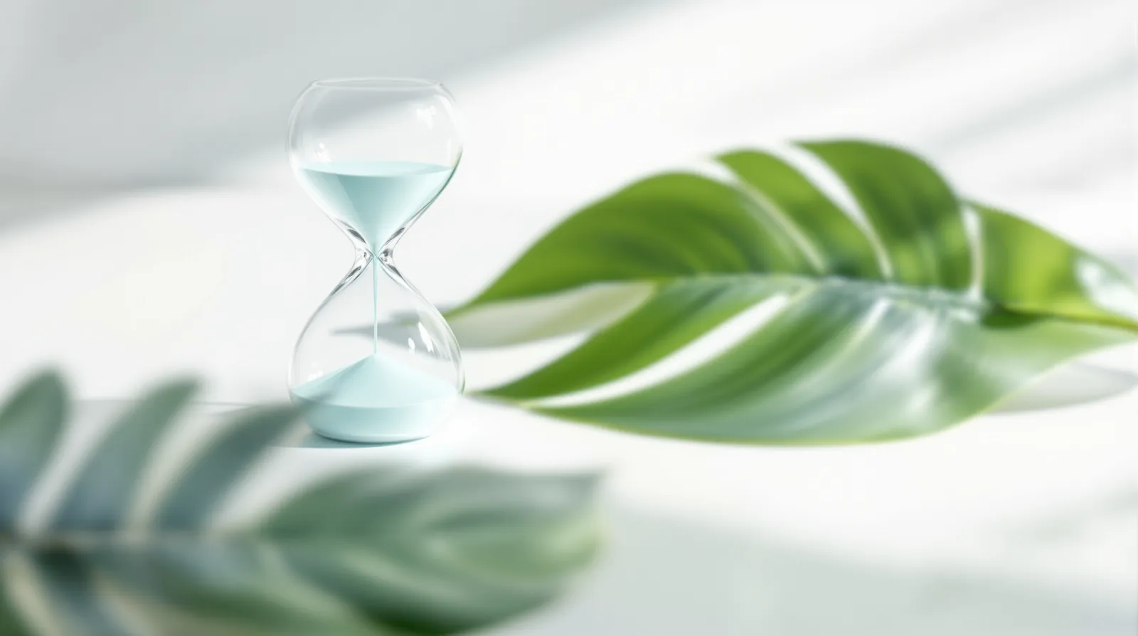 A small hourglass with pale aqua sand on a sunlit desk