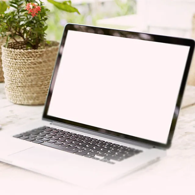 Open laptop with blank white screen on desk beside plant