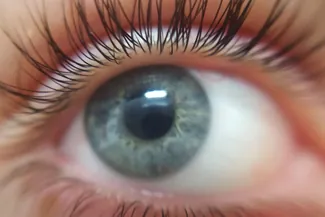 Extreme close-up of blue eye with long eyelashes