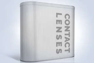 Silver rectangular contact lens storage case with bold lettering
