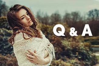 Woman outdoors in a sweater beside Q&A text overlay
