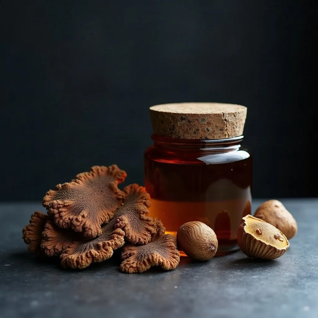 Dried functional mushrooms and an unlabelled jar
