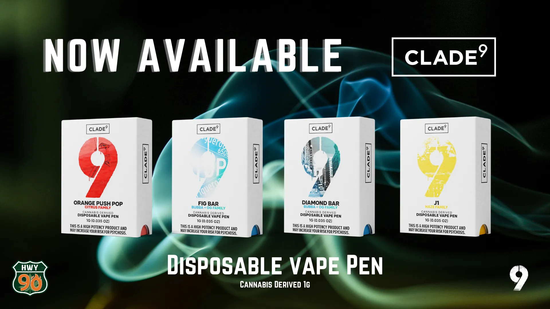 Clade9 disposable vapes available now at highway 90 dispensary in marlton, nj